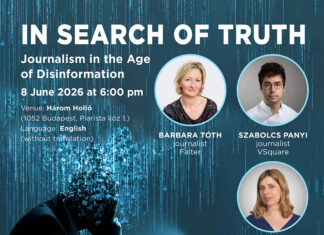 In Search of Truth / Kulturforum Budapest Veranstaltungsplakat mit blauem Hintergrund.