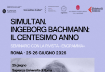 Bachmann: das hundertste Jahr / Kulturforum Rom Veranstaltungsplakat mit helllila Hintergrund und einem Schwarz-Weiß-Foto der jungen Ingeborg Bachmann, deren Haar im Wind weht.