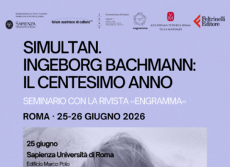 Bachmann: das hundertste Jahr / Kulturforum Rom Veranstaltungsplakat mit helllila Hintergrund und einem Schwarz-Weiß-Foto der jungen Ingeborg Bachmann, deren Haar im Wind weht.