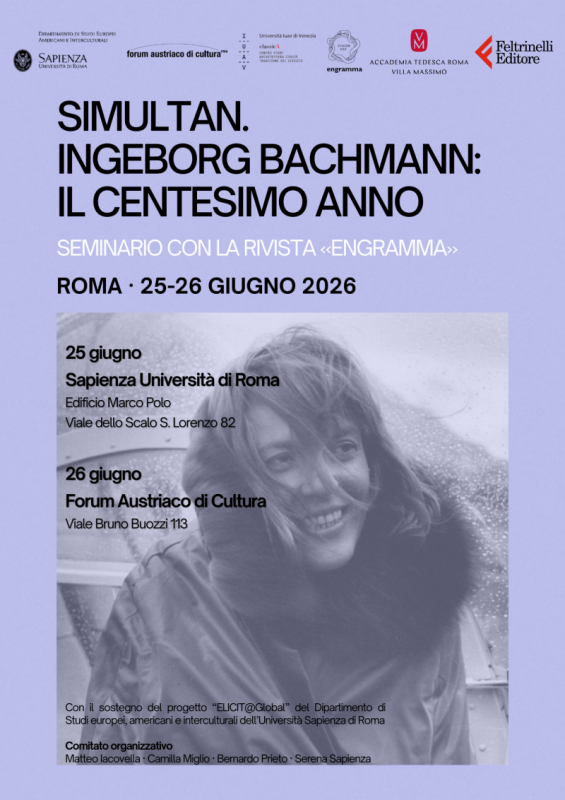 Veranstaltungsplakat mit helllila Hintergrund und einem Schwarz-Weiß-Foto der jungen Ingeborg Bachmann, deren Haar im Wind weht.