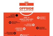 Offside. Pläne, Tore und Punkte / Kulturforum Bukarest Ausstellungsplakat von „Offside / Ofsaid".