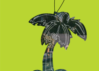 Las Palmeras Cansadas / Kulturforum Mexiko Grafisch dargestellte Palme als Auto-Lufterfrischer vor einem Pool mit Palmen; hellgrüner Hintergrund mit Ausstellungsdetails und Logos.