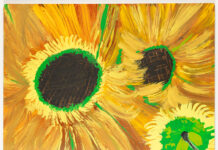 Ceija Stojka im FRAC Rouen / Kulturforum Paris Gemaltes Bild von drei Sonnenblumenköpfen.