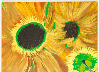 Ceija Stojka im FRAC Rouen / Kulturforum Paris Gemaltes Bild von drei Sonnenblumenköpfen.