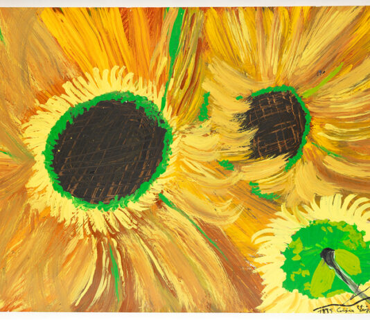 Ceija Stojka im FRAC Rouen / Kulturforum Paris Gemaltes Bild von drei Sonnenblumenköpfen.