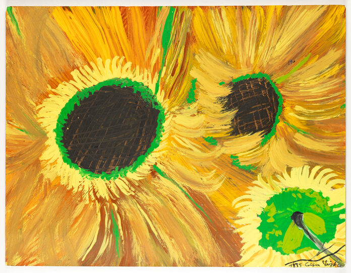 Ceija Stojka, Sans titre, 1995. © Adagp, Paris 2026 Gemaltes Bild von drei Sonnenblumenköpfen.