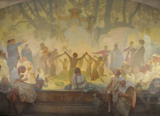 Philosophisches Konzert & Slawisches Epos / Kulturforum Prag Das Bild zeigt einen Ausschnitt aus dem Malerwerk von Alfons Mucha „Slawisches Epos“. Auf dem Bild, das in gelben Tönen ausgeführt ist, sind mittig halbnackte Männer zu sehen, die in einem Kreis tanzen. Über ihnen sitzt auf einem großen Baum eine slawische Göttin.