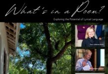 What is a Poem? / Kulturforum Pretoria Veranstaltungsplakat mit dem Veranstaltungsort im Hintergrund und Porträts der drei Vortragenden im Vordergrund.