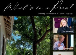What is a Poem? / Kulturforum Pretoria Veranstaltungsplakat mit dem Veranstaltungsort im Hintergrund und Porträts der drei Vortragenden im Vordergrund.