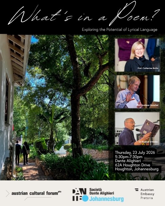 Bild: Österreichisches Kulturforum Pretoria Veranstaltungsplakat mit dem Veranstaltungsort im Hintergrund und Porträts der drei Vortragenden im Vordergrund.