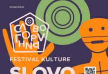 Slovo Gorčina / Kulturforum Sarajewo Festivalplakat mit menschlicher Silhouette in Orange, grünem Sonnenkreis und dunkellilam Hintergrund.