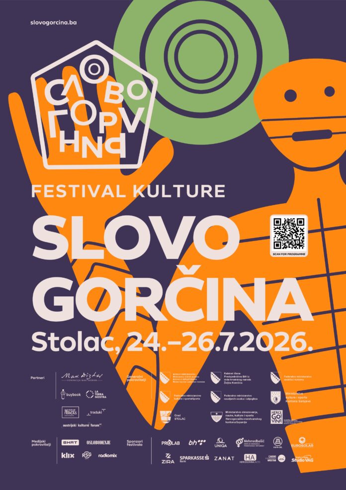 Bild: Kulturfestival „Slovo Gorčina“ Festivalplakat mit menschlicher Silhouette in Orange, grünem Sonnenkreis und dunkellilam Hintergrund.