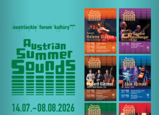 Austrian Summer Sounds / Kulturforum Warschau Grafische Gestaltung der Konzertreihe mit Logo, Veranstaltungsdaten und sechs Konzertplakaten.