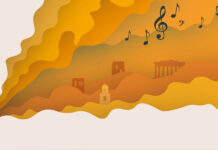 Austrian Greek Music Summer / Botschaft Athen Logo des Austrian Greek Music Summer 2026: eine Saxophonistin, aus deren Instrument Farben, Noten, kykladische Architektur und ein antiker Tempel strömen.