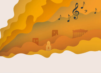Austrian Greek Music Summer / Botschaft Athen Logo des Austrian Greek Music Summer 2026: eine Saxophonistin, aus deren Instrument Farben, Noten, kykladische Architektur und ein antiker Tempel strömen.