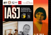 Jazzdialog in der Mongolei / Kulturforum Peking Veranstaltungsplakat mit einer Sängerin sowie Musikern mit Kontrabass und Trompete