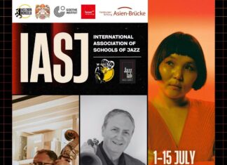 Jazzdialog in der Mongolei / Kulturforum Peking Veranstaltungsplakat mit einer Sängerin sowie Musikern mit Kontrabass und Trompete