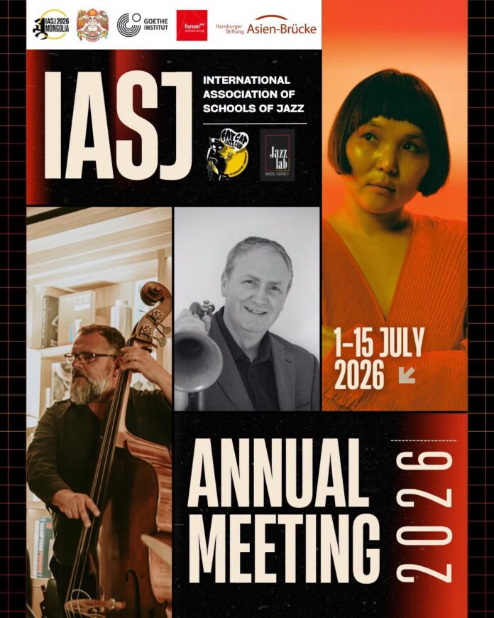 Bild: International Association of Schools of Jazz / IASJ 2026 Mongolia Veranstaltungsplakat mit einer Sängerin sowie Musikern mit Kontrabass und Trompete