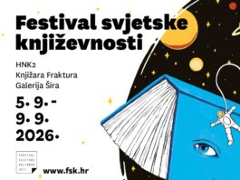 Festival der Weltliteratur / Kulturforum Zagreb Das Bild zeigt das offizielle Plakat des Festivals, inklusive Titel, Ort, Dauer und Logos. Auf der rechten Seite ist ein Bild eines blauen Buches mit schwarzem Hintergrund gleich dem Weltall.