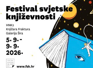 Festival der Weltliteratur / Kulturforum Zagreb Das Bild zeigt das offizielle Plakat des Festivals, inklusive Titel, Ort, Dauer und Logos. Auf der rechten Seite ist ein Bild eines blauen Buches mit schwarzem Hintergrund gleich dem Weltall.
