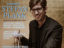 Trompeter Stefan Plank / ÖB Buenos Aires Das Bild zeigt Stefan Plank im Hintergrund und die Daten des Konzerts.