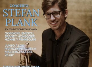 Trompeter Stefan Plank / Botschaft Buenos Aires Das Bild zeigt Stefan Plank im Hintergrund und die Daten des Konzerts.
