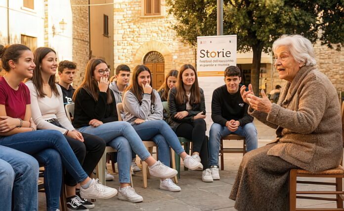 Das Bild zeigt eine ältere Dame, die Jugendlichen etwas erzählt. Die Gruppe sitzt im Halbkreis und folgt der Dame amüsiert und gespannt. Es ist eine gute Stimmung. Von der Architektur erkennt man die italienische Dorfschaft, im Hintergrund ist das Plakat vom Festival zu sehen.