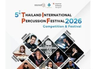 Marimba-Duo / Botschaft Bangkok Das Bild zeigt das offizielle Plakat zum 5. Thailand International Percussion Festival mit den mitwirkenden Künstlerinnen und Künstlern, darunter Irena Manolova und Tomasz Goliński vom Lucid Duo.