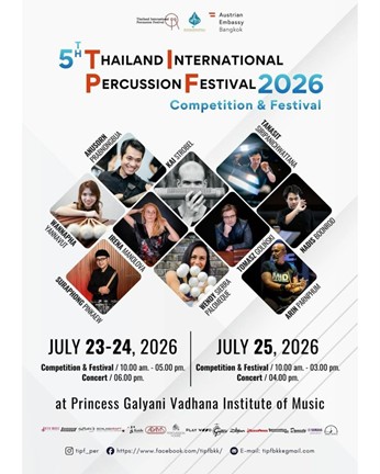 Das Bild zeigt das offizielle Plakat zum 5. Thailand International Percussion Festival mit den mitwirkenden Künstlerinnen und Künstlern, darunter Irena Manolova und Tomasz Goliński vom Lucid Duo.