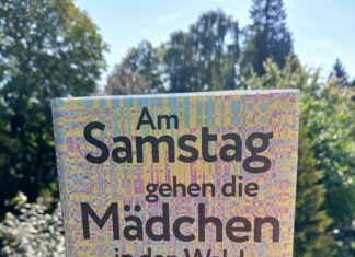 Literaturveranstaltungen Fiona SIRONIC – Botschaft Oslo Auf einem steinernen Mauersims steht im Freien das Buch Am Samstag gehen die Mädchen in den Wald und jagen Sachen in die Luft von Fiona Sironic. Das Cover ist in Gelb, Rosa, Blau und Violett gestaltet und zeigt ein pixelartiges, abstraktes Muster. Auf dem Cover steht außerdem „2025 deutscher buchpreis Shortlist“. Im Hintergrund sind unscharf grüne Bäume und blauer Himmel zu sehen.