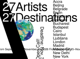 OPEN CALL – VISUAL ART Das Bild zeigt eine Illustration des Ausschreibungsplakats mit den weltweiten Standorten der Österreichischen Kulturforen auf einer Übersichtskarte sowie allen entsprechenden Städten in einer senkrechten, alphabetischen Anordnung.