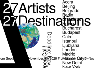 OPEN CALL – VISUAL ART Das Bild zeigt eine Illustration des Ausschreibungsplakats mit den weltweiten Standorten der Österreichischen Kulturforen auf einer Übersichtskarte sowie allen entsprechenden Städten in einer senkrechten, alphabetischen Anordnung.