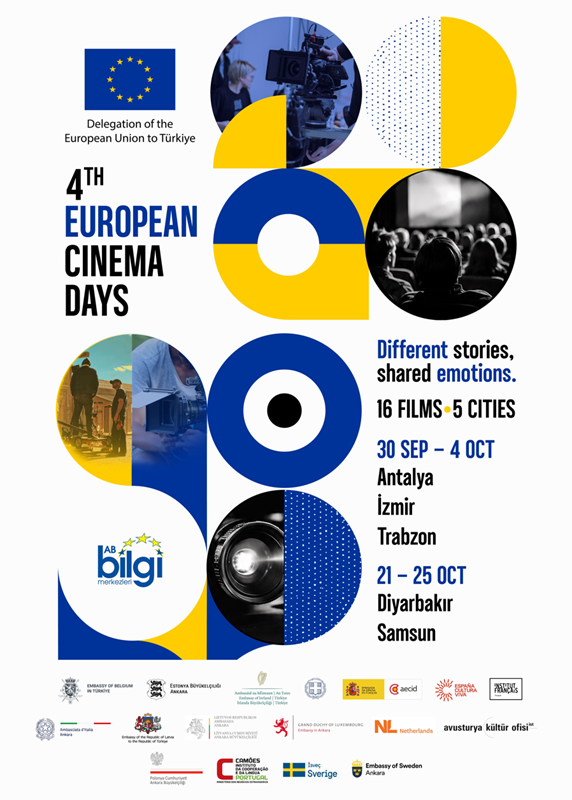 Das Bild zeigt das Plakat der 4th European Cinema Days mit Film- und Kinomotiven sowie den Logos der beteiligten europäischen Kulturinstitutionen. Die Veranstaltungen finden vom 30. September bis 4. Oktober sowie vom 21. bis 25. Oktober in fünf türkischen Städten statt.