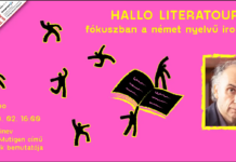Buchfestival/ Kulturforum Budapest Das Bild zeigt das Veranstaltungsplakat mit kleinen Figuren, ein Buch und Portrait vom Autor Dimitré Dinev vor einem pinken Hintergrund