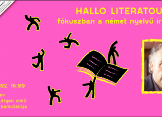Buchfestival/ Kulturforum Budapest Das Bild zeigt das Veranstaltungsplakat mit kleinen Figuren, ein Buch und Portrait vom Autor Dimitré Dinev vor einem pinken Hintergrund