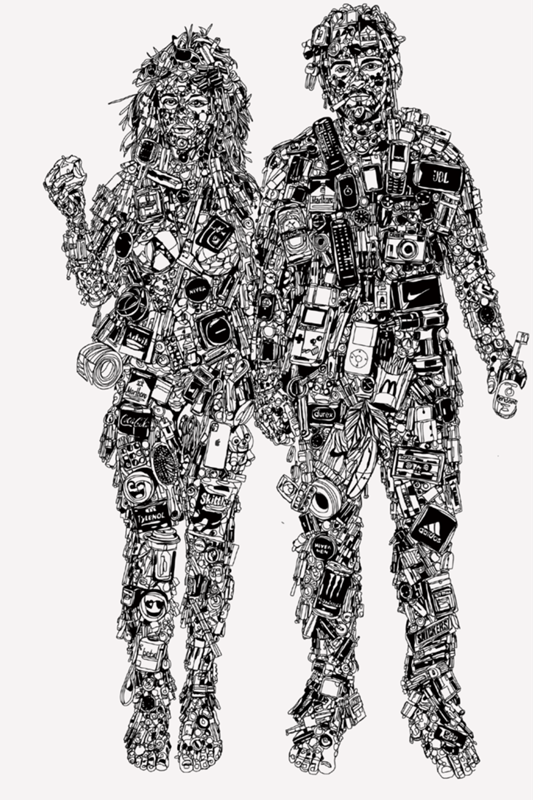 Das Bild zeigt eine Zeichnung des Künstlers Olivier Hölzl. Es handelt sich um eine detaillierte Schwarz-Weiß-Illustration auf weißem Hintergrund. Zu sehen sind zwei lebensgroß wirkende menschliche Figuren – eine Frau auf der linken Seite und ein Mann auf der rechten Seite –, die nebeneinanderstehen. Ihre Körper sind vollständig aus Konsumgütern, Logos und elektronischen Alltagsgegenständen zusammengesetzt.