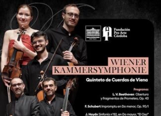 Wiener Kammersymphonie / Botschaft Buenos Aires Das Bild zeigt den Flyer für das Konzert in Córdoba, links ein Foto des Quintetts, rechts Zeit, Ort und Programm, umrahmt von den Sponsorinnen und Sponsoren.