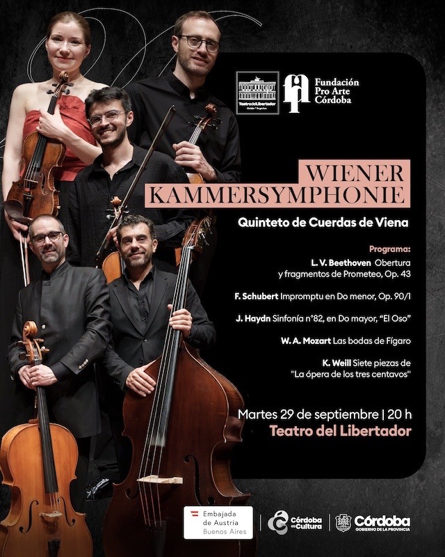 Das Bild zeigt den Flyer für das Konzert in Córdoba, links ein Foto des Quintetts, rechts Zeit, Ort und Programm, umrahmt von den Sponsorinnen und Sponsoren.