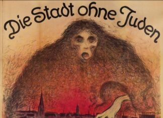 Stummfilmvorführung / Kulturforum Ottawa Das Plakat zu „Die Stadt ohne Juden“ zeigt eine bedrohliche Kreatur, die über einer von Angst und Chaos geprägten Stadt schwebt. Eine fliehende Menschenmenge wird von einem Soldaten kontrolliert. Die düsteren Farben und die bedrohliche Atmosphäre symbolisieren Ausgrenzung, Angst und Antisemitismus.