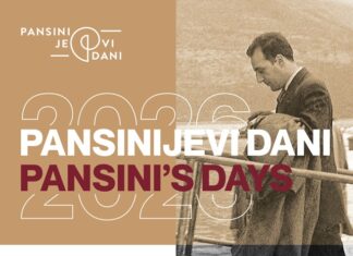 Pansini Tage / Kulturforum Zagreb Das Bild zeigt ein Plakat für die Pansini- Tage. Auf der rechten Seite betritt ein Mann ein Schiff, in der Mitte ist der Titel und links unten der Ort und das Datum.