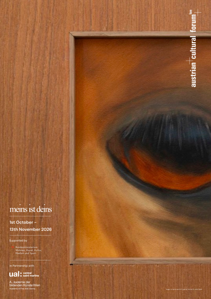 Das Bild zeigt die Detailaufnahme einer Skulptur von Tao Iver und Julian Mack – ein Kuhauge, gefasst in eine Holzbox.
