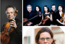 Alma and Arnold Rosé Gedenkkonzerte / Kulturforum London Das Bild zeigt links Benjamin Schmid, der mit einer Geige posiert, rechts oben das Korngold-Ensemble, schwarz gekleidet und mit Streichinstrumenten posierend, und rechts unten ein Porträt von Laura Balomiri