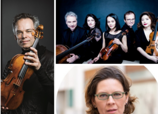 Alma and Arnold Rosé Gedenkkonzerte / Kulturforum London Das Bild zeigt links Benjamin Schmid, der mit einer Geige posiert, rechts oben das Korngold-Ensemble, schwarz gekleidet und mit Streichinstrumenten posierend, und rechts unten ein Porträt von Laura Balomiri