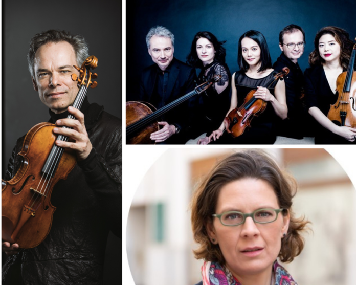 Das Bild zeigt links Benjamin Schmid, der mit einer Geige posiert, rechts oben das Korngold-Ensemble, schwarz gekleidet und mit Streichinstrumenten posierend, und rechts unten ein Porträt von Laura Balomiri