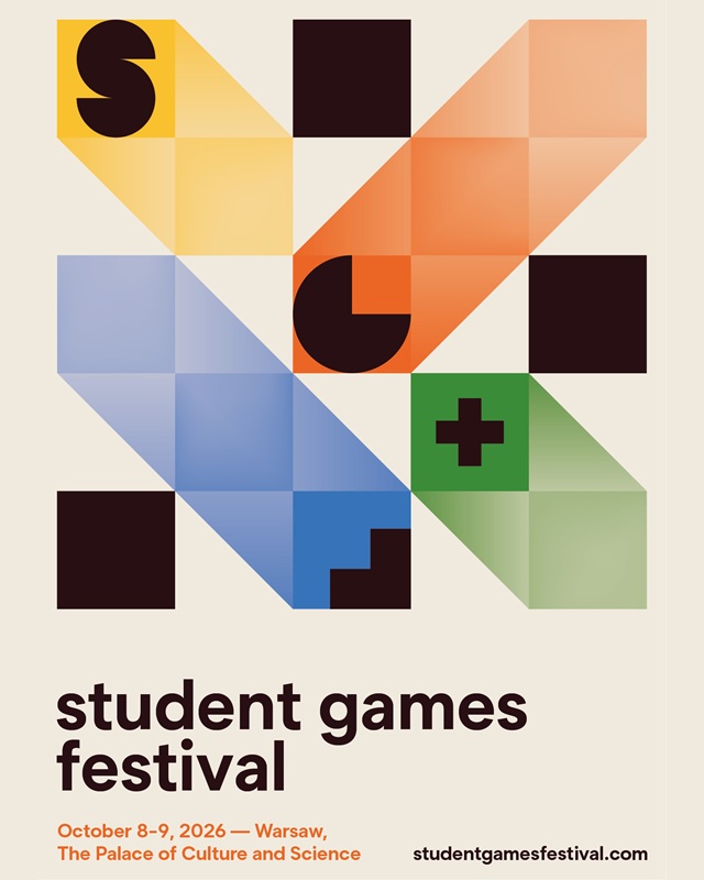 Bild: Student Games Festival Auf dem Bild ist das Plakat des Student Games Festivals mit bunten geometrischen Formen und stilisierten Spielsymbolen auf hellem Hintergrund zu sehen. Es nennt den 8. und 9. Oktober 2026 als Termin, den Kultur- und Wissenschaftspalast in Warschau als Veranstaltungsort sowie studentgamesfestival.com.