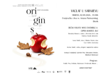 Vareš Classic Festival / Kulturforum Sarajewo Auf der linken Bildhälfte stehen Titel und Eckdaten des Festivals in schwarzer Schrift auf weißem Hintergrund, ergänzt durch Illustrationen eines angebissenen roten Apfels, zweier brauner Blätter sowie einer kleinen braunen Schnecke. Die rechte Hälfte zeigt ebenfalls schwarzen Text auf weißem Grund mit Informationen zum Konzert am 2. September.