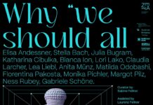 Why “We Should All Be Feminists“/ Botschaft Tirana Zu sehen ist das Poster der Veranstaltung. Auf schwarzem Grund ist mit türkiser Schrift der Titel der Veranstaltung, die Namen der Künstlerinnen im Fokus sowie das Datum der Veranstaltung zu sehen.