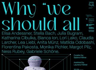 Why “We Should All Be Feminists“/ Botschaft Tirana Zu sehen ist das Poster der Veranstaltung. Auf schwarzem Grund ist mit türkiser Schrift der Titel der Veranstaltung, die Namen der Künstlerinnen im Fokus sowie das Datum der Veranstaltung zu sehen.