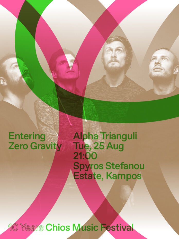 Das Bild zeigt die NASOM-Band Alpha Trianguli mit Informationen zum Konzert auf Chios und Festivalfarben.