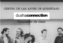 Dusha Connection Jazzensemble / Kulturforum Mexiko Das Bild zeigt ein Plakat in Schwarz-Weiß für ein Jazzkonzert. Im Zentrum steht ein Foto einer fünfköpfigen Musikgruppe (vier Männer und eine Frau), die nebeneinander vor einer geriffelten Wand stehen und lächeln oder miteinander interagieren.